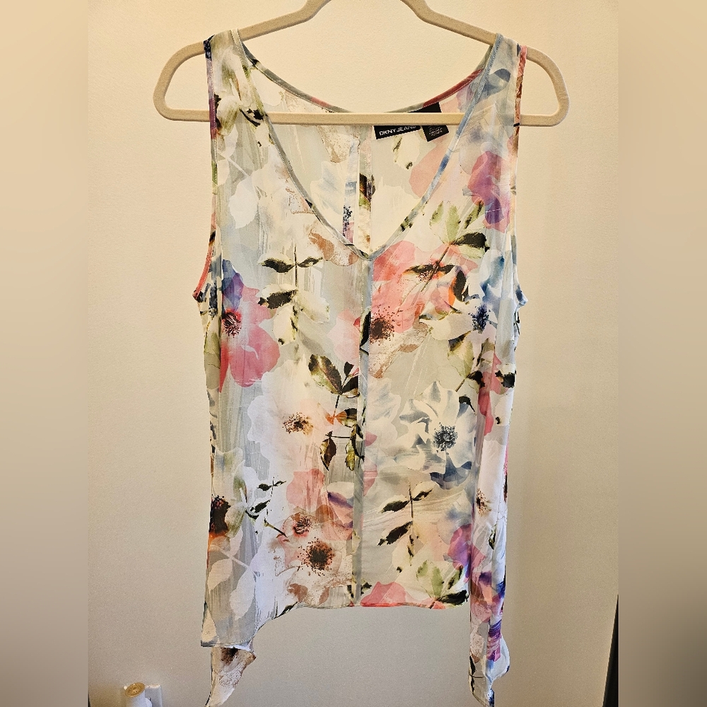 DKNY Floral sharkbite Hem Sheer Tank Top  XL